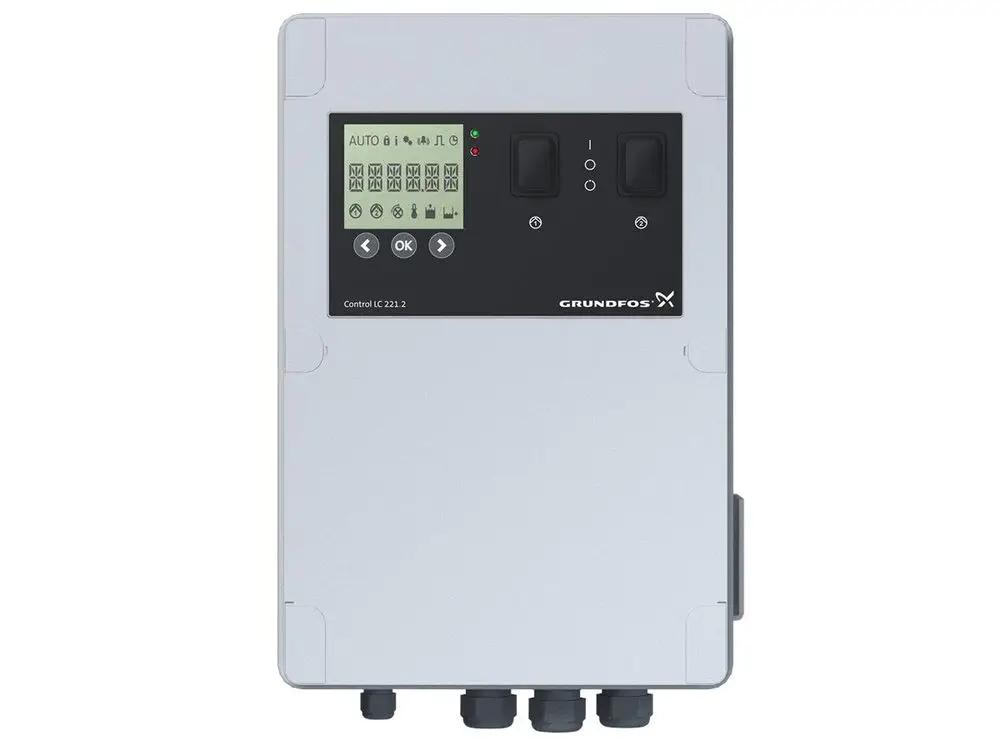 Graues Steuer- und Regelsystem von Grundfos mit Display und Tasten. Anschlussmöglichkeiten für elektrische Verbindungen an der Unterseite. Display zeigt Betriebsstatus und Einstellungen an.